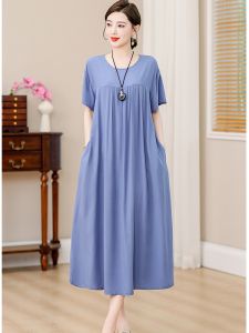 Elegant Pure Color Cotton Silk Loose Fit Womens Dress Slimming Design High End Satin Mommy Dress Fashionable Elderly Womens Clothing