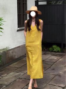 Yellow Sleeveless Lin Dress Womens Summer New Luxury Sensation Unique Elegant Super Beautiful Long Dress