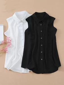 Spring Summer Polo Collar Button up Sleeveless Professional White Black Large Size Chiffon Blouse for Women Commute Style