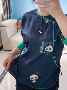 New Chinese Style Womens Shirt 2024 Autumn Season Novelty Color Block Retro Print Panda Side Buttoned Top Fashionable Traditional Clothing