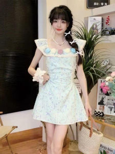 ชุดเดรสคอเหลี่ยมแขนระบายลายดอกไม้เล็กๆสวยหวานสไตล์ฝรั่งเศสไซส์ใหญ่สำหรับผู้หญิงเดรสสั้นเก็บเอวออกแบบพิเศษเรียบหรูสำหรับสาวอวบ