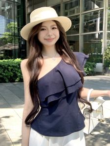 GUZILIAN | Shoulder Bared Sleeveless Shirt Womens Summer New Style Pure Desire Korean Retro Waist Cinched Oblique Collar Short Top