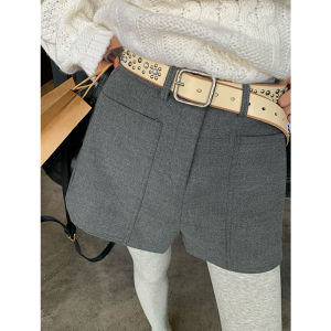 Luo Luo Jie Winter Grey Woolen Short Pants High Waist Wide Leg Commuter Style Korean Fashion Womens Casual Trousers