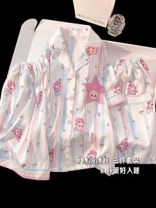 QIANSHUIMILU | Summer Short Sleeve Long Pants 3-Piece Set Icy Silk Lightweight Outdoor Wearable Childrens Girls Sleepwear
