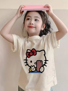 Pure Cotton Short Sleeve T-Shirt round Neck Cartoon KT Cat Print Childrens Summer Loose Fit Kids Clothing Trendy Ins Style