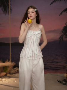 Unifree | Striped Slim Bow Ruffle Tank Top for Summer Wear