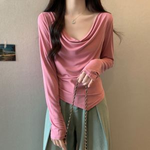 Trendy Long Sleeve T-Shirt Womens Autumn plus Size Slimming Asymmetrical Neckline Commute Style Korean Loose Fit Solid Color