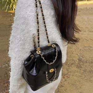 Womens Mini Large Capacity Wax Leather Shoulder Bag Fashionable Chain Design Simple Style Commuter Bag Daily Use Backpack