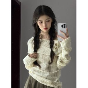2025 New Lazy Style Shoulder Bared Knitted Sweater Womens Loose Fit Spring Autumn High Premium Feel Sweet College Edition