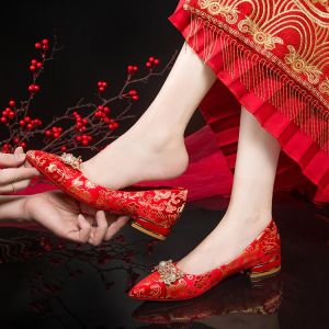 Low Heel Wedding Shoes for Women Traditional Chinese Style Maternity Shoes Red Marriage Footwear Large Size Bride Shoes