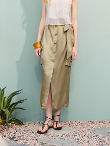 MaxRieny Commuter Workwear Pocket Straight Tube Skirt Military Green Summer 25 High Waist Thin Materia H Shaped Midi Skirt