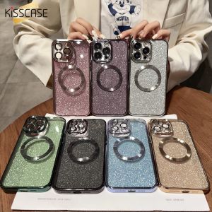 KISSCASE Soild Color Glitter Magnetic Absorption Case Electroplating TPU Suitable For Iphone 14 Phone Case Flashing Powder With Built-In Lens Film Apple 13 Full Pack Hard PC Magsafe Case Phone Back Cover