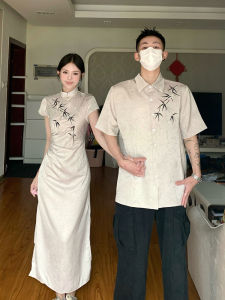 New Chinese Style Couple Matching Summer Short Sleeve Shirt Mens National Trend Qipao Dress One Skirt One Shirt Trendy