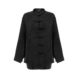 Bettychow Black Embroidered Satin Loose Shoulder Shirt Elegant Casual Long Sleeve round Neck Polyester Fiber Commute Style