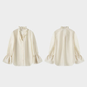 SUSHE | Lustrous Wrinkled Lace-Edged V-Neck Lightweight French Blouse