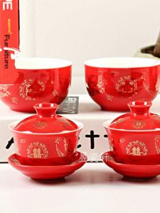Wedding Chinese Style Marriage Tea Cup Set Double Happiness Red Bowls Couple Wedding Celebration Dragon And Phoenix Bowl