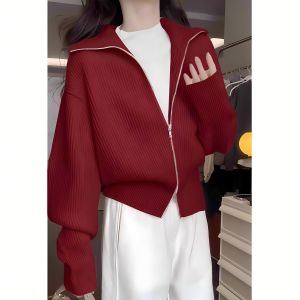 Chubby Girl Annual Wear Classic Style New Year Red Knitwear Autumn Loose Zip Cropped Sweater Coat