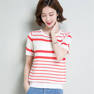 Summer Hollow out Striped Loose Fit Womens T-Shirt Silk Knitted Short Sleeve Versatile Top Elegant Commuter Style Regular Length