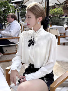 Fashionable French Style Womens Shirt White Creased Stand Collar Spring Autumn New Style Elegant Heavy Pressed Versatile Shirt