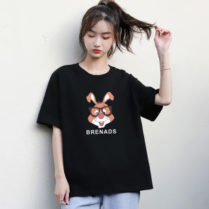 Black Loose Thin Combed Pure Cotton Short-Sleeved T-shirt Womens Summer New Arrival Chic Cartoon round Neck Top T-shirt Fashion