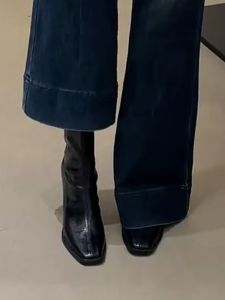 Black High Heel Short Boots Womens Autumn Winter New Style French Vintage Square Head Slim Boot Versatile Thick Heel Martin Boot Single Boot