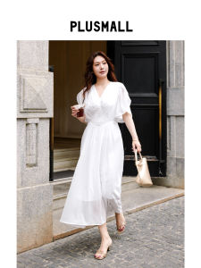 Graceful Evening Light White Gardenia Dotted Transparent Flowing Midi Dress