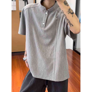 ZHUOCAN | Black Bark Patterned Summer Henley Polo Shirt