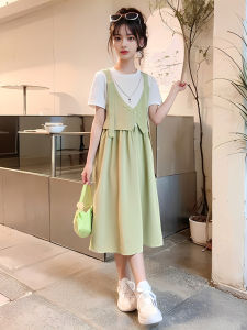 Princess Style Summer Dress for Girls Big Kids Little Girl Fake Two-Piece Skirt Cotton Fabric Pure Color School Uniform Style