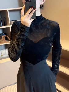 QINGNAER | Elegant French Velvet High-collar Top