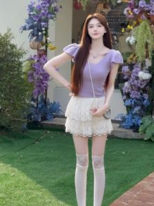 BINKAFENNY | Slim Fit Ice Silk Short Sleeve T-Shirt Women Summer Chic Sweet And Spicy V Neck Top Small Size Purple Fashionable Commute Style