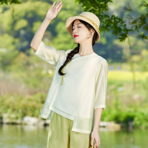 New Chinese Style Loose Wide Leg Pants Two Piece Set Women Summer Fashion Elegant Slimming Top Bottoms Ensemble