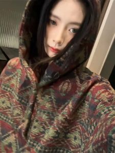 Trendy Tie-Dye Knitted Hoodie Mens Autumn Winter New Chinese Style Design Sense Jacket Loose Fit Long Sleeve Anti-Wrinkle Polyester Sweatshirt