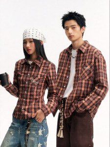 JNXS | Checked Pocket Embroidery Colorful Diamond Lovers Shirts