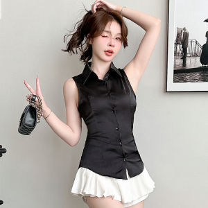 เสื้อเชิ้ตแขนกุดผ้าไหมน้ำแข็งซาตินสไตล์เกาหลีสำหรับผู้หญิง เสื้อเชิ้ตคอโปโลแขนกุดแบบลำลองสำหรับใส่ทำงานในช่วงฤดูร้อนปี 2024