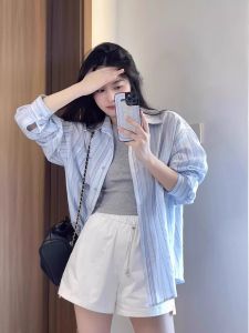 Spring Summer 2024 Womens Loose Long Sleeve Blue Stripes Casual Shirt Thin Outerwear Sweet Atmosphere Commute Style Korean Version
