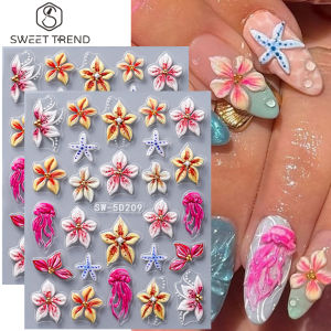 2pcs Embossed Floral Nail Stickers Spring Summer Colorful Lily Petal Starfish Design Adhesive Nail Decal DIY Manicure Decoration