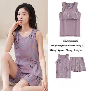 MiiOW | Bộ đồ ngủ cotton mùa hè cho nữ MiiOW Cat Person Áo vest và quần short rộng rãi có đệm ngực Bộ đồ mặc nhà thoải mái thoáng khí