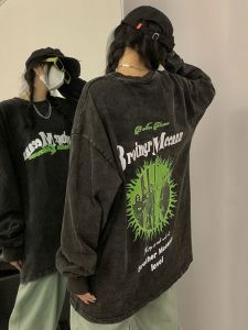 Washed Pure Cotton Long Sleeve T-Shirt American High Street Style Loose Fit Autumn Winter Thin Hoodie for Couples Streetwear