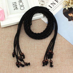 Handwoven Thin Belt for Women Decorative Dress Vintage Ethnic Beaded Knot Small Rope Waist Slimming PU Leather Simple Style