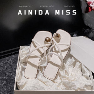 French Gentle Evening Flat Bottom Slippers Women Summer Outdoor Wear Small Fragrance Style Holiday Toe Post Sandals