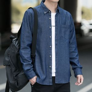 ROMON | Lormen Mens Denim Shirt Casual Long Sleeve Spring Autumn Cotton Workwear Jacket Youth Fashion Urban Style No Iron Treatment