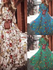 ชุดเดรสยาวคลุมเข่าพิมพ์ลายสไตล์วันหยุดแขนยาวปานกลางทรงเอเอวกลาง ชุดเดรสผู้หญิงสไตล์ฝรั่งเศส โพลีเอสเตอร์ ฤดูใบไม้ผลิและฤดูร้อน