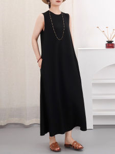 Elegant Heavyweight Silk Sleeveless Dress Silk A-Line Long Skirt Loose Flared Silken City Commute Suitable round Neck Zipper Closure