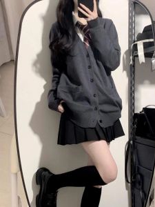 Deep Grey Knitted Open Cardigan Womens Slim Long Sleeve Sweater Jk Uniform School Style Outerwear V Neck Pure Color Sweet Style