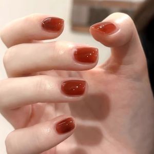 Short Nude Wearable Nail Tips New Years Red Glue Natural Fake Nails Easy to Wear Nail Art Tools for Any Skin Type