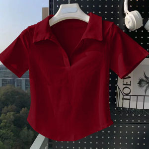 เสื้อยืดคอโปโลแขนสั้นผ้าฝ้ายแท้สำหรับผู้หญิง ทรงเข้ารูป ทรงเข้ารูป แขนสั้น สีแดงสด ทรงเข้ารูป ฤดูร้อน 2024 ใหม่