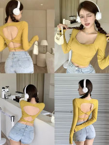 Sweet And Spicy Girl Long Sleeve Square Collar Slim Fit Backless Short Unique Design Small Top Women Early Spring New Style