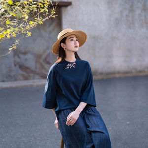 Original Early Spring Hand Embroidered Soft Combed Cotton T-Shirt Skin-friendly Chinese Style Womens Basic round Neck Top