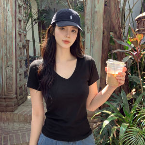 YAYANGREN | White Shoulder T-Shirt Women Slimming V-Neck Design Summer Outwear