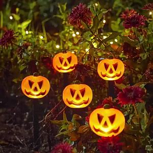 Set of 5 Solar Pumpkin Pathway Lights for Halloween Decorations Outdoor 8 Modes for Halloween Party Porch Yard Cemetery Decor